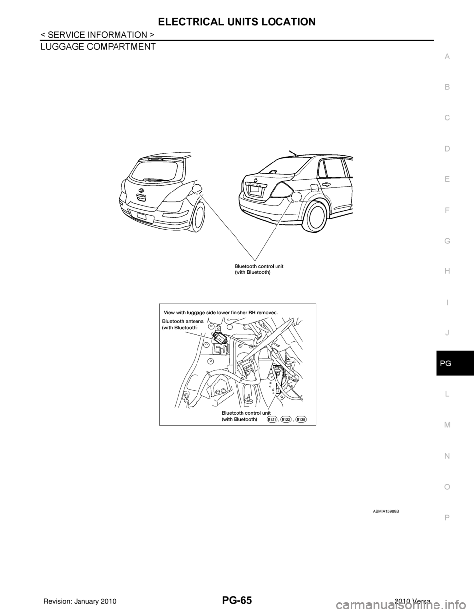 NISSAN TIIDA 2010 Service Repair Manual ELECTRICAL UNITS LOCATIONPG-65
< SERVICE INFORMATION >
C
DE
F
G H
I
J
L
M A
B
PG
N
O P
LUGGAGE COMPARTMENT
ABMIA1598GB
Revision: January 20102010 Versa NISSAN TIIDA 2010 Service Repair Manual ELECTRICAL UNITS LOCATIONPG-65
< SERVICE INFORMATION >
C
DE
F
G H
I
J
L
M A
B
PG
N
O P
LUGGAGE COMPARTMENT
ABMIA1598GB
Revision: January 20102010 Versa