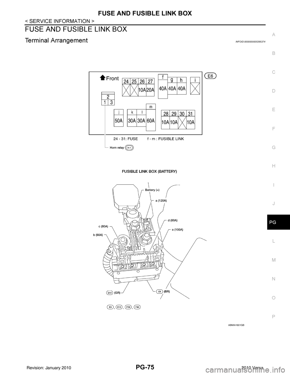NISSAN TIIDA 2010 Service Repair Manual FUSE AND FUSIBLE LINK BOXPG-75
< SERVICE INFORMATION >
C
DE
F
G H
I
J
L
M A
B
PG
N
O P
FUSE AND FUSIBLE LINK BOX
Terminal ArrangementINFOID:0000000005395374
ABMIA1601GB
Revision: January 20102010 Vers NISSAN TIIDA 2010 Service Repair Manual FUSE AND FUSIBLE LINK BOXPG-75
< SERVICE INFORMATION >
C
DE
F
G H
I
J
L
M A
B
PG
N
O P
FUSE AND FUSIBLE LINK BOX
Terminal ArrangementINFOID:0000000005395374
ABMIA1601GB
Revision: January 20102010 Vers