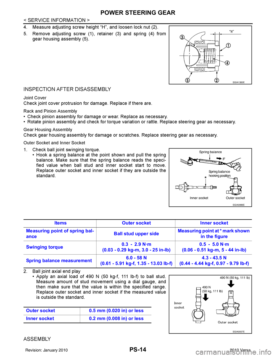 NISSAN TIIDA 2010 Service Repair Manual PS-14
< SERVICE INFORMATION >
POWER STEERING GEAR
4. Measure adjusting screw height “H”, and loosen lock nut (2).
5. Remove adjusting screw (1), retainer (3) and spring (4) fromgear housing assemb NISSAN TIIDA 2010 Service Repair Manual PS-14
< SERVICE INFORMATION >
POWER STEERING GEAR
4. Measure adjusting screw height “H”, and loosen lock nut (2).
5. Remove adjusting screw (1), retainer (3) and spring (4) fromgear housing assemb