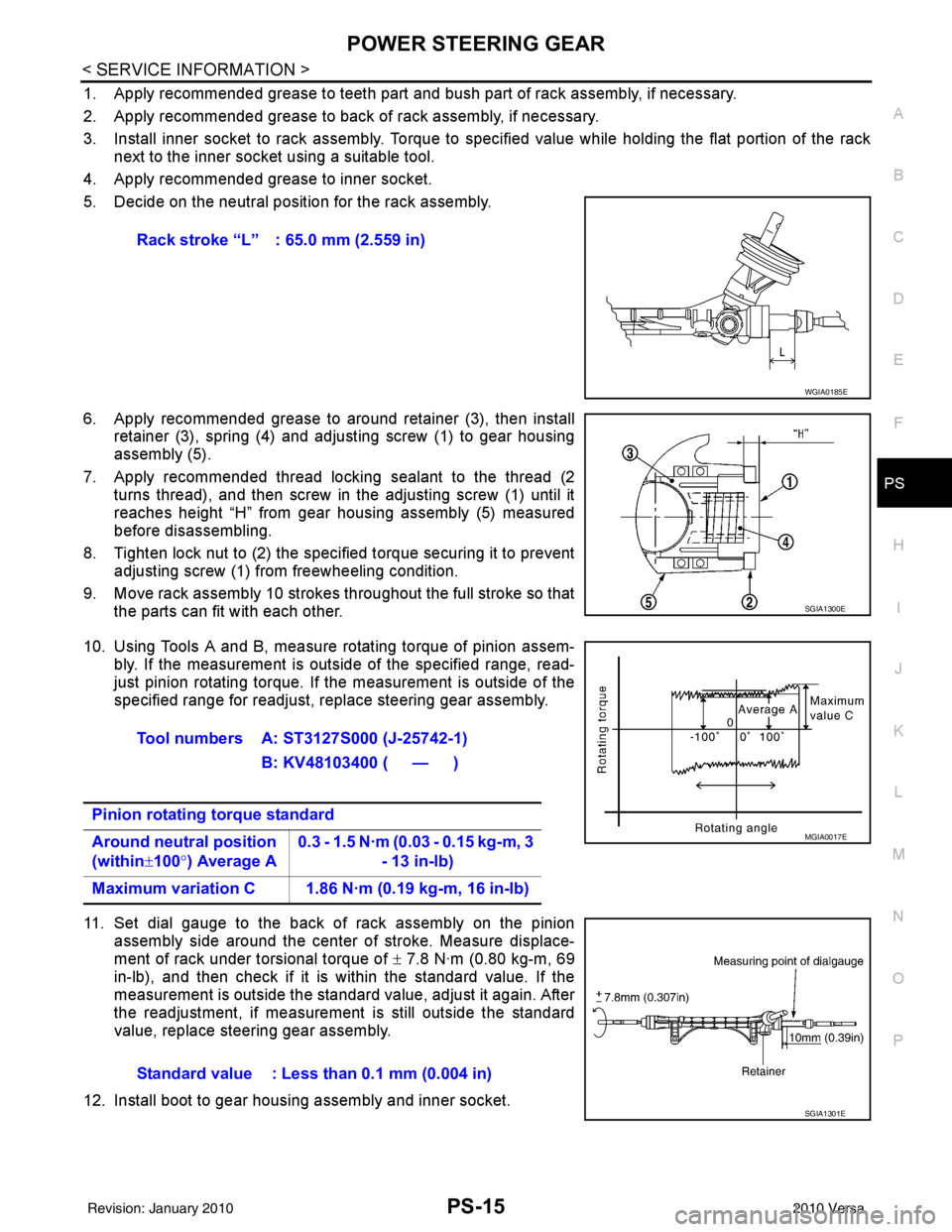 NISSAN TIIDA 2010 Service Repair Manual POWER STEERING GEARPS-15
< SERVICE INFORMATION >
C
DE
F
H I
J
K L
M A
B
PS
N
O P
1. Apply recommended grease to teeth part and bush part of rack assembly, if necessary.
2. Apply recommended grease to NISSAN TIIDA 2010 Service Repair Manual POWER STEERING GEARPS-15
< SERVICE INFORMATION >
C
DE
F
H I
J
K L
M A
B
PS
N
O P
1. Apply recommended grease to teeth part and bush part of rack assembly, if necessary.
2. Apply recommended grease to