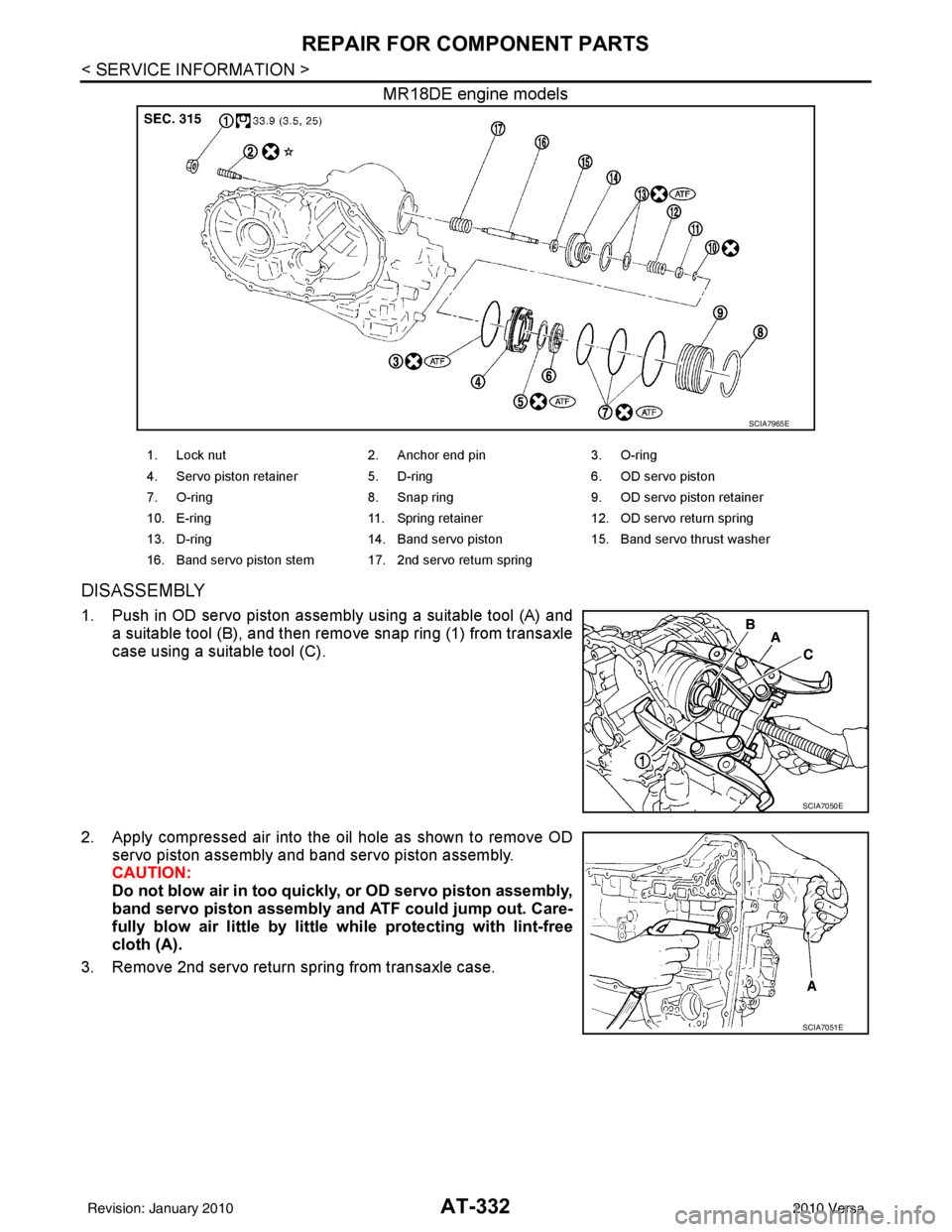 NISSAN TIIDA 2010 Service Repair Manual AT-332
< SERVICE INFORMATION >
REPAIR FOR COMPONENT PARTS
MR18DE engine models
DISASSEMBLY
1. Push in OD servo piston assembly using a suitable tool (A) anda suitable tool (B), and then remove snap ri NISSAN TIIDA 2010 Service Repair Manual AT-332
< SERVICE INFORMATION >
REPAIR FOR COMPONENT PARTS
MR18DE engine models
DISASSEMBLY
1. Push in OD servo piston assembly using a suitable tool (A) anda suitable tool (B), and then remove snap ri
