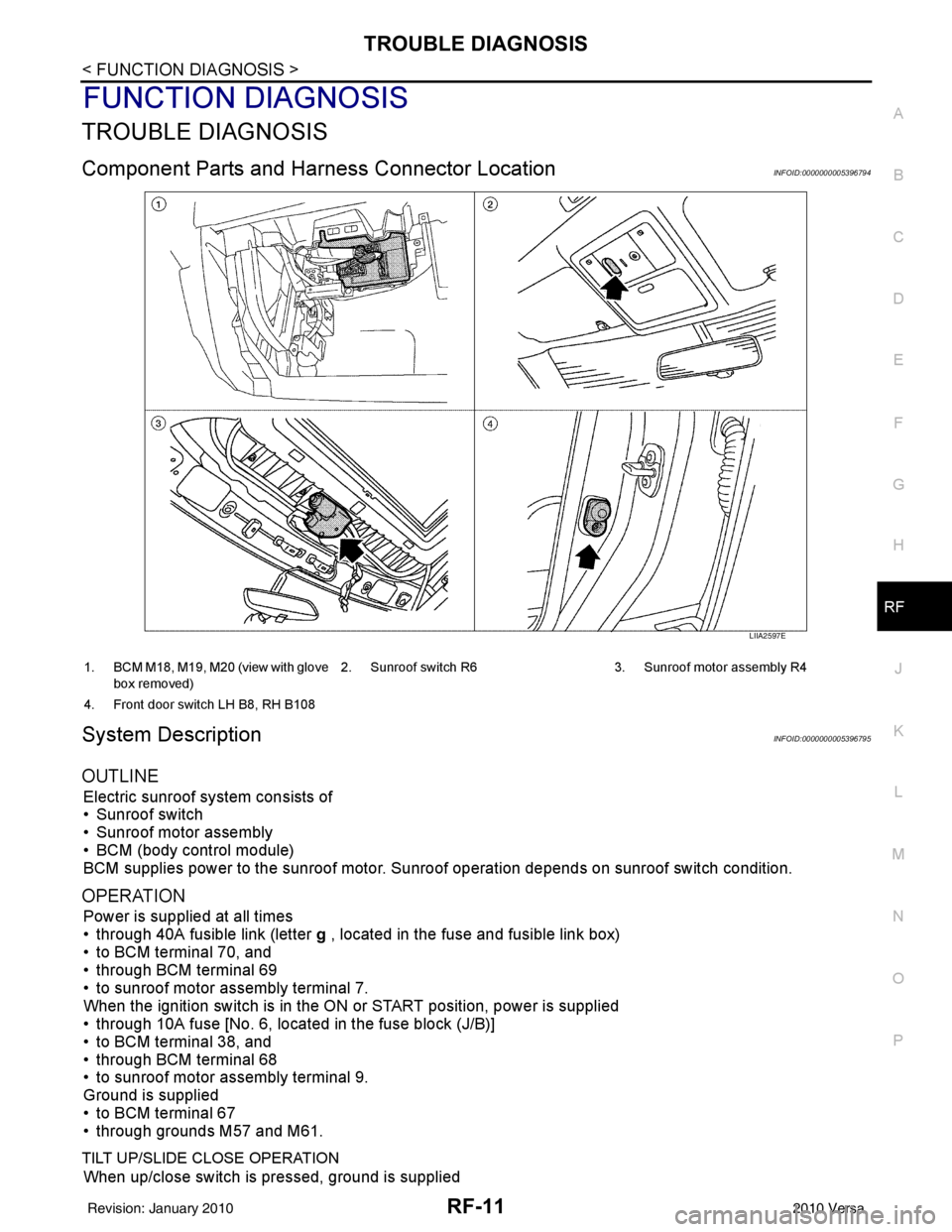 NISSAN TIIDA 2010 Service Repair Manual TROUBLE DIAGNOSISRF-11
< FUNCTION DIAGNOSIS >
C
DE
F
G H
J
K L
M A
B
RF
N
O P
FUNCTION DIAGNOSIS
TROUBLE DIAGNOSIS
Component Parts and Har ness Connector LocationINFOID:0000000005396794
System Descrip NISSAN TIIDA 2010 Service Repair Manual TROUBLE DIAGNOSISRF-11
< FUNCTION DIAGNOSIS >
C
DE
F
G H
J
K L
M A
B
RF
N
O P
FUNCTION DIAGNOSIS
TROUBLE DIAGNOSIS
Component Parts and Har ness Connector LocationINFOID:0000000005396794
System Descrip