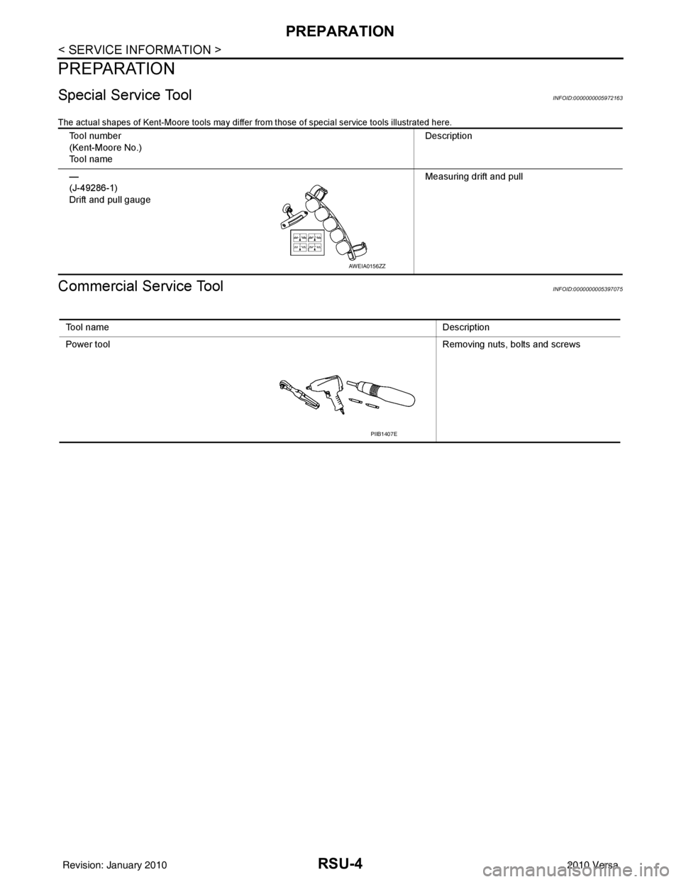 NISSAN TIIDA 2010 Service Repair Manual RSU-4
< SERVICE INFORMATION >
PREPARATION
PREPARATION
Special Service ToolINFOID:0000000005972163
The actual shapes of Kent-Moore tools may differ from those of special service tools illustrated here. NISSAN TIIDA 2010 Service Repair Manual RSU-4
< SERVICE INFORMATION >
PREPARATION
PREPARATION
Special Service ToolINFOID:0000000005972163
The actual shapes of Kent-Moore tools may differ from those of special service tools illustrated here.