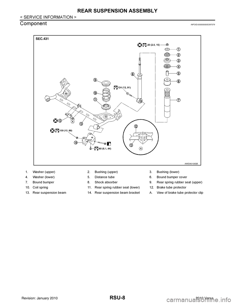 NISSAN TIIDA 2010 Service Repair Manual RSU-8
< SERVICE INFORMATION >
REAR SUSPENSION ASSEMBLY
Component
INFOID:0000000005397079
1. Washer (upper) 2. Bushing (upper)3. Bushing (lower)
4. Washer (lower) 5. Distance tube6. Bound bumper cover
NISSAN TIIDA 2010 Service Repair Manual RSU-8
< SERVICE INFORMATION >
REAR SUSPENSION ASSEMBLY
Component
INFOID:0000000005397079
1. Washer (upper) 2. Bushing (upper)3. Bushing (lower)
4. Washer (lower) 5. Distance tube6. Bound bumper cover