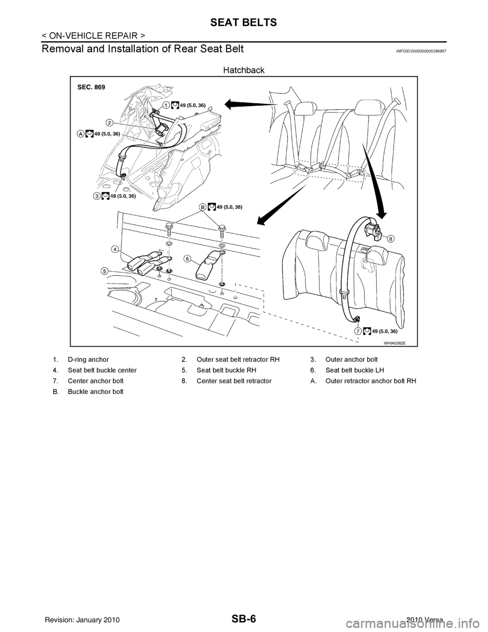 NISSAN TIIDA 2010 Service Repair Manual SB-6
< ON-VEHICLE REPAIR >
SEAT BELTS
Removal and Installation of Rear Seat Belt
INFOID:0000000005396887
Hatchback
WHIA0362E
1. D-ring anchor 2. Outer seat belt retractor RH 3. Outer anchor bolt
4. Se NISSAN TIIDA 2010 Service Repair Manual SB-6
< ON-VEHICLE REPAIR >
SEAT BELTS
Removal and Installation of Rear Seat Belt
INFOID:0000000005396887
Hatchback
WHIA0362E
1. D-ring anchor 2. Outer seat belt retractor RH 3. Outer anchor bolt
4. Se