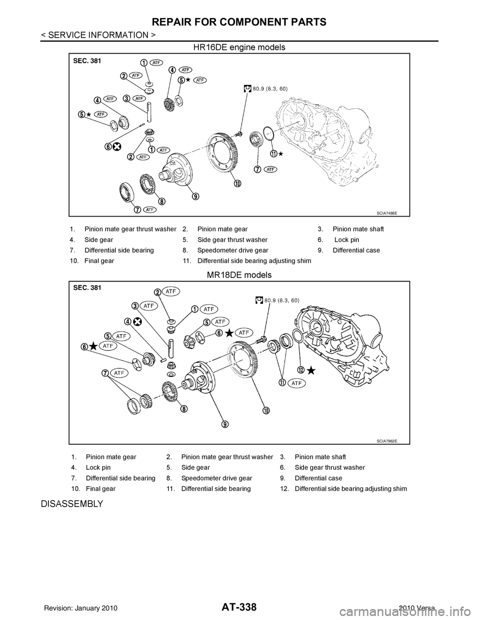 NISSAN TIIDA 2010 Service Repair Manual AT-338
< SERVICE INFORMATION >
REPAIR FOR COMPONENT PARTS
HR16DE engine modelsMR18DE models
DISASSEMBLY
SCIA7486E
1. Pinion mate gear thrust washer 2. Pinion mate gear 3. Pinion mate shaft
4. Side ge NISSAN TIIDA 2010 Service Repair Manual AT-338
< SERVICE INFORMATION >
REPAIR FOR COMPONENT PARTS
HR16DE engine modelsMR18DE models
DISASSEMBLY
SCIA7486E
1. Pinion mate gear thrust washer 2. Pinion mate gear 3. Pinion mate shaft
4. Side ge