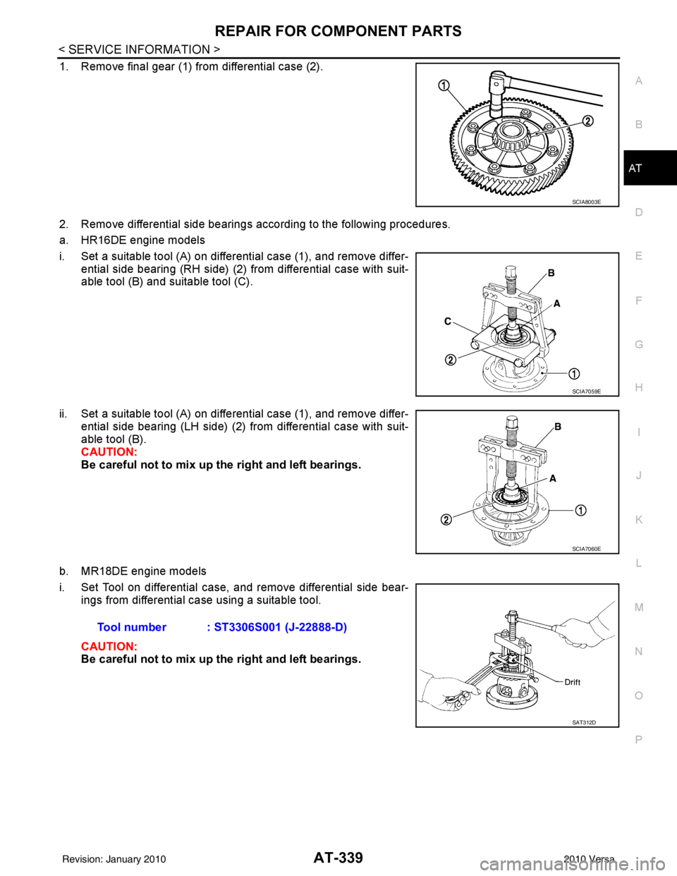 NISSAN TIIDA 2010 Service Repair Manual REPAIR FOR COMPONENT PARTSAT-339
< SERVICE INFORMATION >
DE
F
G H
I
J
K L
M A
B
AT
N
O P
1. Remove final gear (1) from differential case (2).
2. Remove differential side bearings according to the foll NISSAN TIIDA 2010 Service Repair Manual REPAIR FOR COMPONENT PARTSAT-339
< SERVICE INFORMATION >
DE
F
G H
I
J
K L
M A
B
AT
N
O P
1. Remove final gear (1) from differential case (2).
2. Remove differential side bearings according to the foll