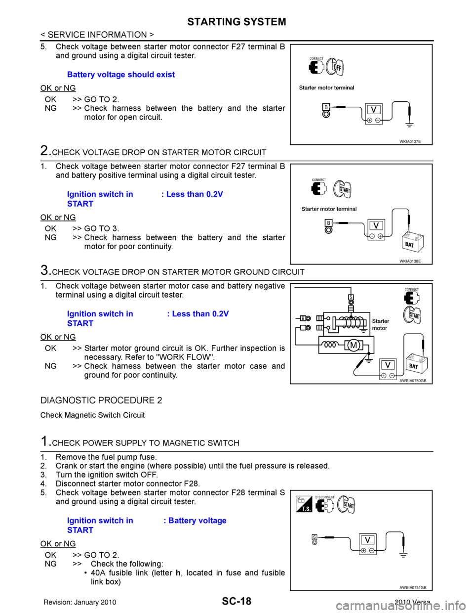 NISSAN TIIDA 2010 Service Repair Manual SC-18
< SERVICE INFORMATION >
STARTING SYSTEM
5. Check voltage between starter motor connector F27 terminal Band ground using a digital circuit tester.
OK or NG
OK >> GO TO 2.
NG >> Check harness betw NISSAN TIIDA 2010 Service Repair Manual SC-18
< SERVICE INFORMATION >
STARTING SYSTEM
5. Check voltage between starter motor connector F27 terminal Band ground using a digital circuit tester.
OK or NG
OK >> GO TO 2.
NG >> Check harness betw