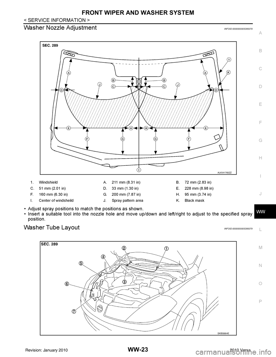 NISSAN TIIDA 2010  Service Repair Manual FRONT WIPER AND WASHER SYSTEMWW-23
< SERVICE INFORMATION >
C
DE
F
G H
I
J
L
M A
B
WW
N
O P
Washer Nozzle AdjustmentINFOID:0000000005395078
• Adjust spray positions to match the positions as shown.
