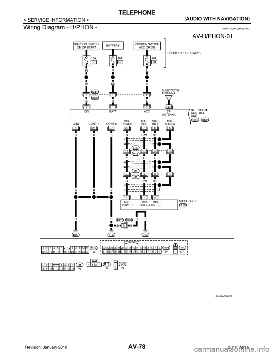 NISSAN TIIDA 2010  Service Repair Manual AV-78
< SERVICE INFORMATION >[AUDIO WITH NAVIGATION]
TELEPHONE
Wiring Diagram - H/PHON -
INFOID:0000000005924427
AANWA0304GB
Revision: January 20102010 Versa 