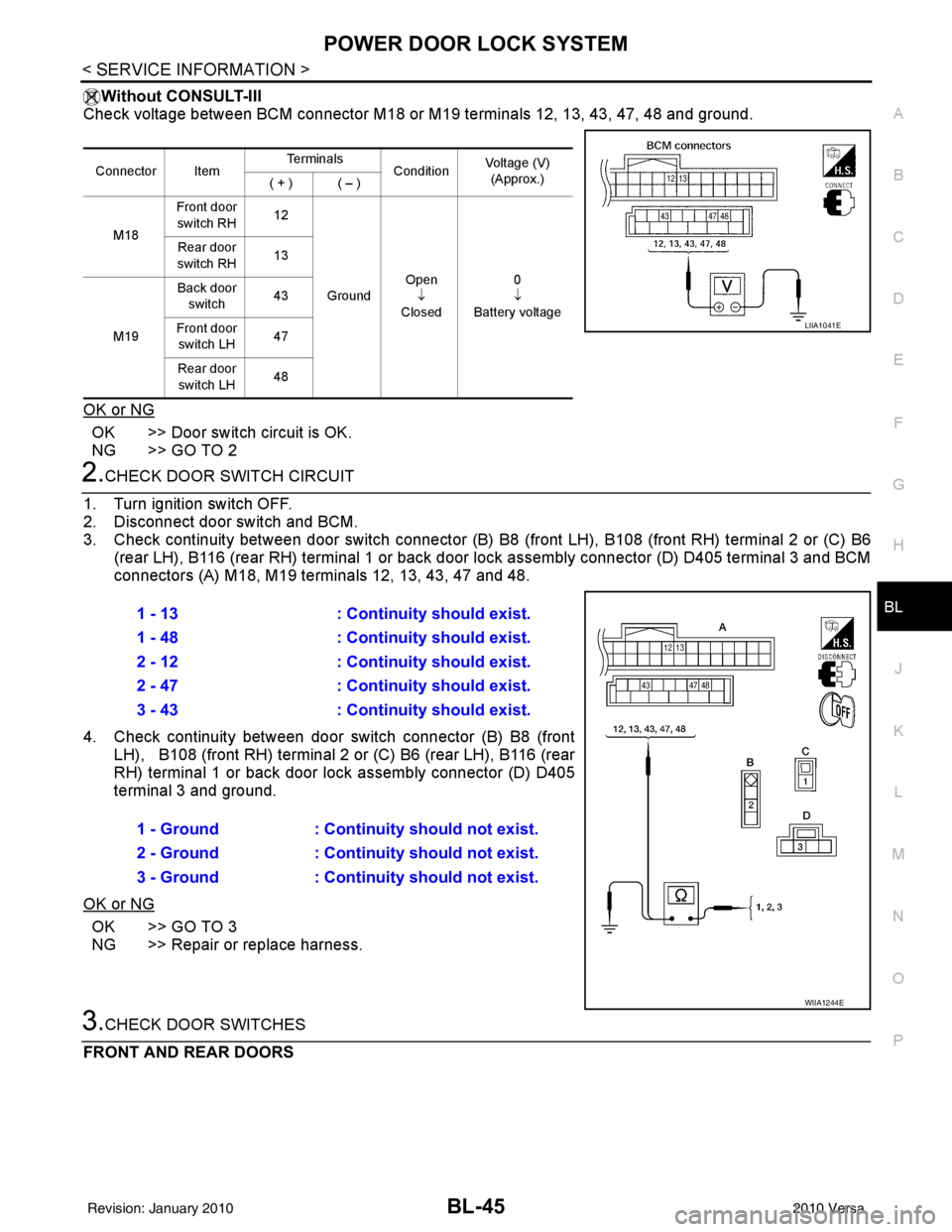 NISSAN TIIDA 2010 Service Repair Manual POWER DOOR LOCK SYSTEMBL-45
< SERVICE INFORMATION >
C
DE
F
G H
J
K L
M A
B
BL
N
O P
Without CONSULT-III
Check voltage between BCM connector M18 or M19 terminals 12, 13, 43, 47, 48 and ground.
OK or NG NISSAN TIIDA 2010 Service Repair Manual POWER DOOR LOCK SYSTEMBL-45
< SERVICE INFORMATION >
C
DE
F
G H
J
K L
M A
B
BL
N
O P
Without CONSULT-III
Check voltage between BCM connector M18 or M19 terminals 12, 13, 43, 47, 48 and ground.
OK or NG