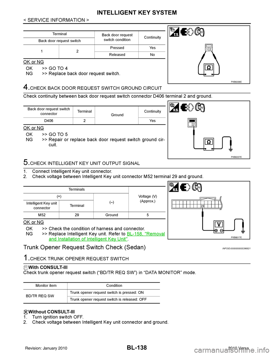 NISSAN TIIDA 2010  Service Repair Manual BL-138
< SERVICE INFORMATION >
INTELLIGENT KEY SYSTEM
OK or NG
OK >> GO TO 4
NG >> Replace back door request switch.
4.CHECK BACK DOOR REQUEST SWITCH GROUND CIRCUIT
Check continuity between back door 