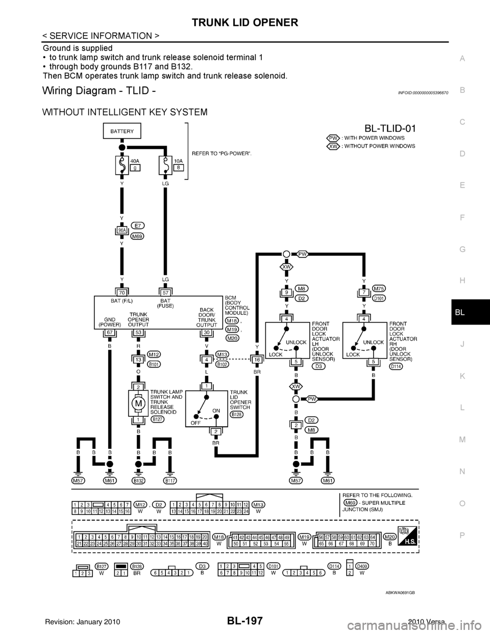 NISSAN TIIDA 2010  Service Repair Manual TRUNK LID OPENERBL-197
< SERVICE INFORMATION >
C
DE
F
G H
J
K L
M A
B
BL
N
O P
Ground is supplied
• to trunk lamp switch and trunk release solenoid terminal 1
• through body grounds B117 and B132.