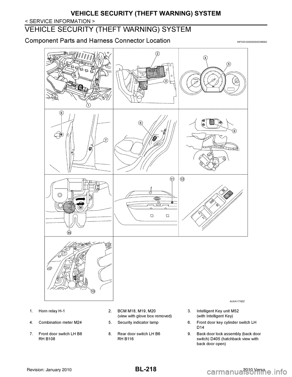 NISSAN TIIDA 2010 Service Repair Manual BL-218
< SERVICE INFORMATION >
VEHICLE SECURITY (THEFT WARNING) SYSTEM
VEHICLE SECURITY (THEFT WARNING) SYSTEM
Component Parts and Harn ess Connector LocationINFOID:0000000005396682
ALKIA1778ZZ
1. Hor NISSAN TIIDA 2010 Service Repair Manual BL-218
< SERVICE INFORMATION >
VEHICLE SECURITY (THEFT WARNING) SYSTEM
VEHICLE SECURITY (THEFT WARNING) SYSTEM
Component Parts and Harn ess Connector LocationINFOID:0000000005396682
ALKIA1778ZZ
1. Hor