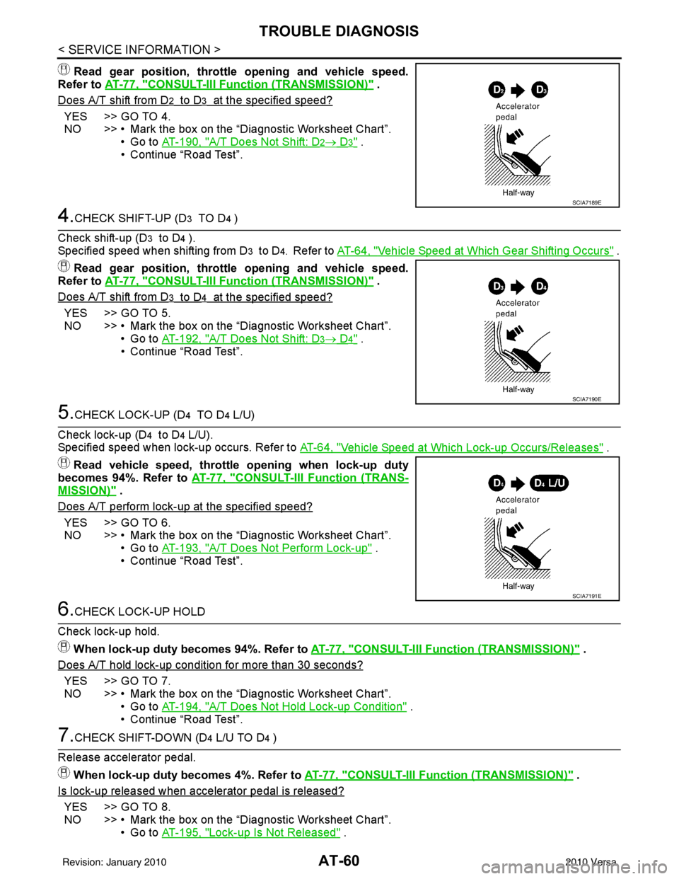 NISSAN TIIDA 2010  Service Manual PDF AT-60
< SERVICE INFORMATION >
TROUBLE DIAGNOSIS
Read gear position, throttle opening and vehicle speed.
Refer to  AT-77, "
CONSULT-III Function (TRANSMISSION)" .
Does A/T shift from D
2  to D3  at the
