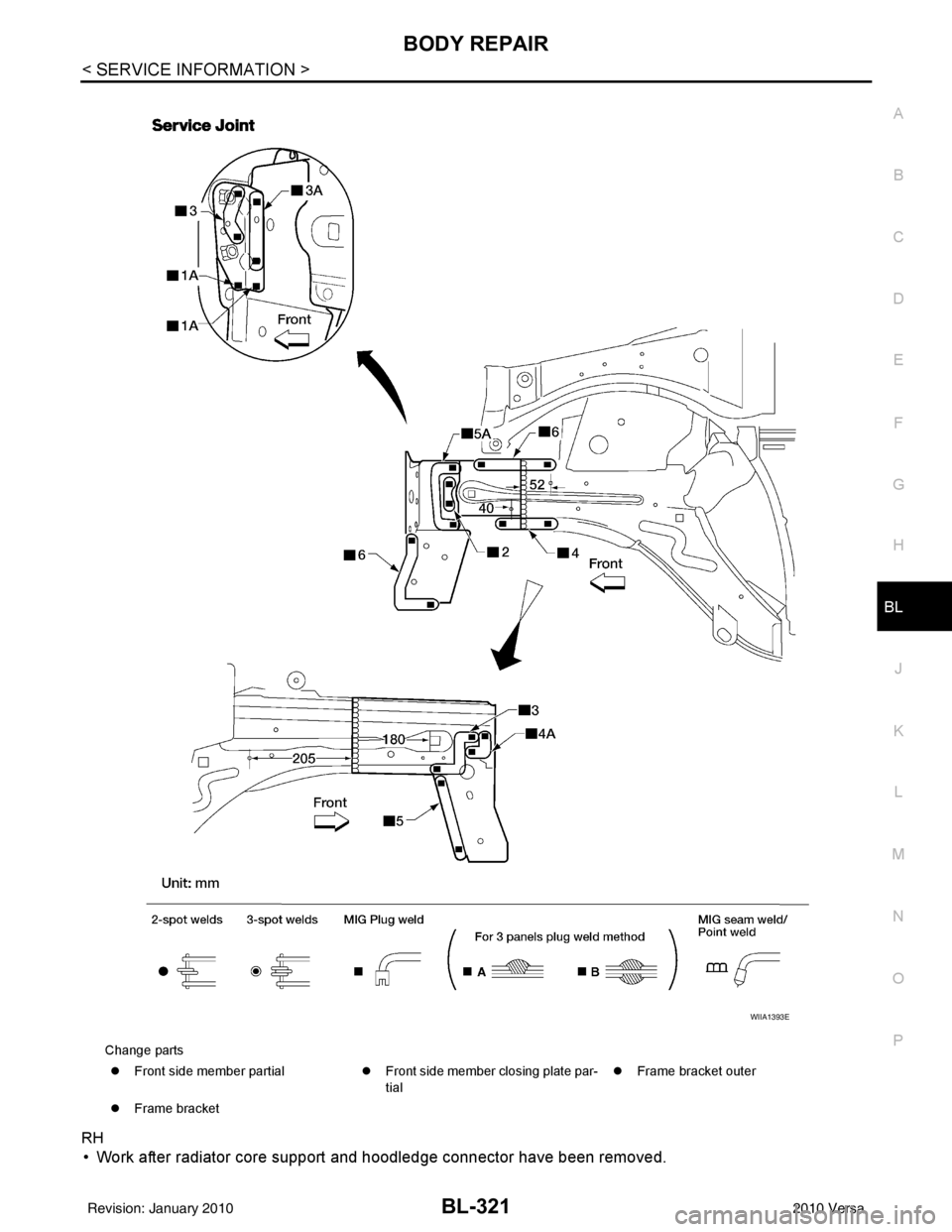 NISSAN TIIDA 2010  Service Repair Manual BODY REPAIRBL-321
< SERVICE INFORMATION >
C
DE
F
G H
J
K L
M A
B
BL
N
O P
RH
• Work after radiator core support and hoodledge connector have been removed.
Change parts �z Front side member partial �