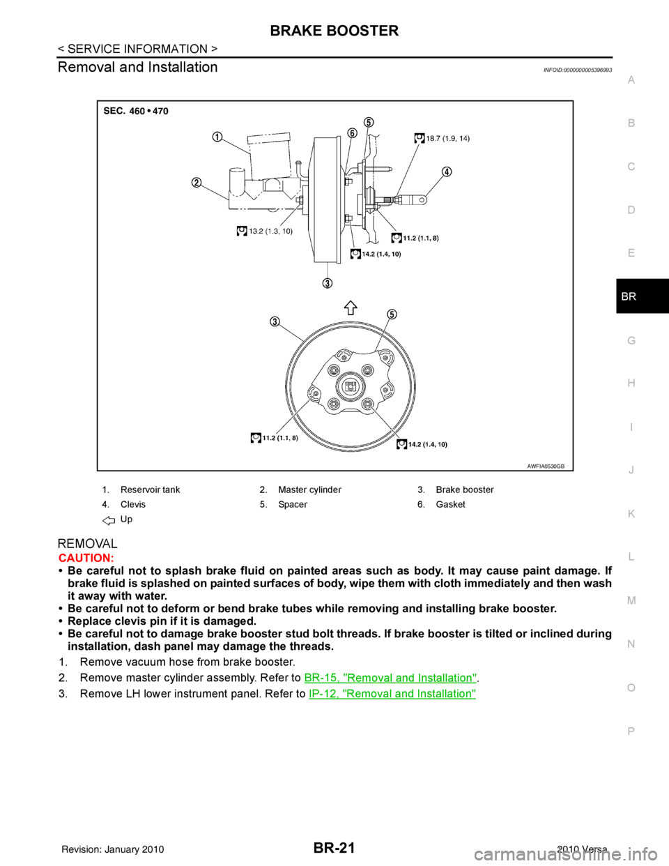 NISSAN TIIDA 2010 Service Repair Manual BRAKE BOOSTERBR-21
< SERVICE INFORMATION >
C
DE
G H
I
J
K L
M A
B
BR
N
O P
Removal and InstallationINFOID:0000000005396993
REMOVAL
CAUTION:
• Be careful not to splash brake fluid on painted areas su NISSAN TIIDA 2010 Service Repair Manual BRAKE BOOSTERBR-21
< SERVICE INFORMATION >
C
DE
G H
I
J
K L
M A
B
BR
N
O P
Removal and InstallationINFOID:0000000005396993
REMOVAL
CAUTION:
• Be careful not to splash brake fluid on painted areas su