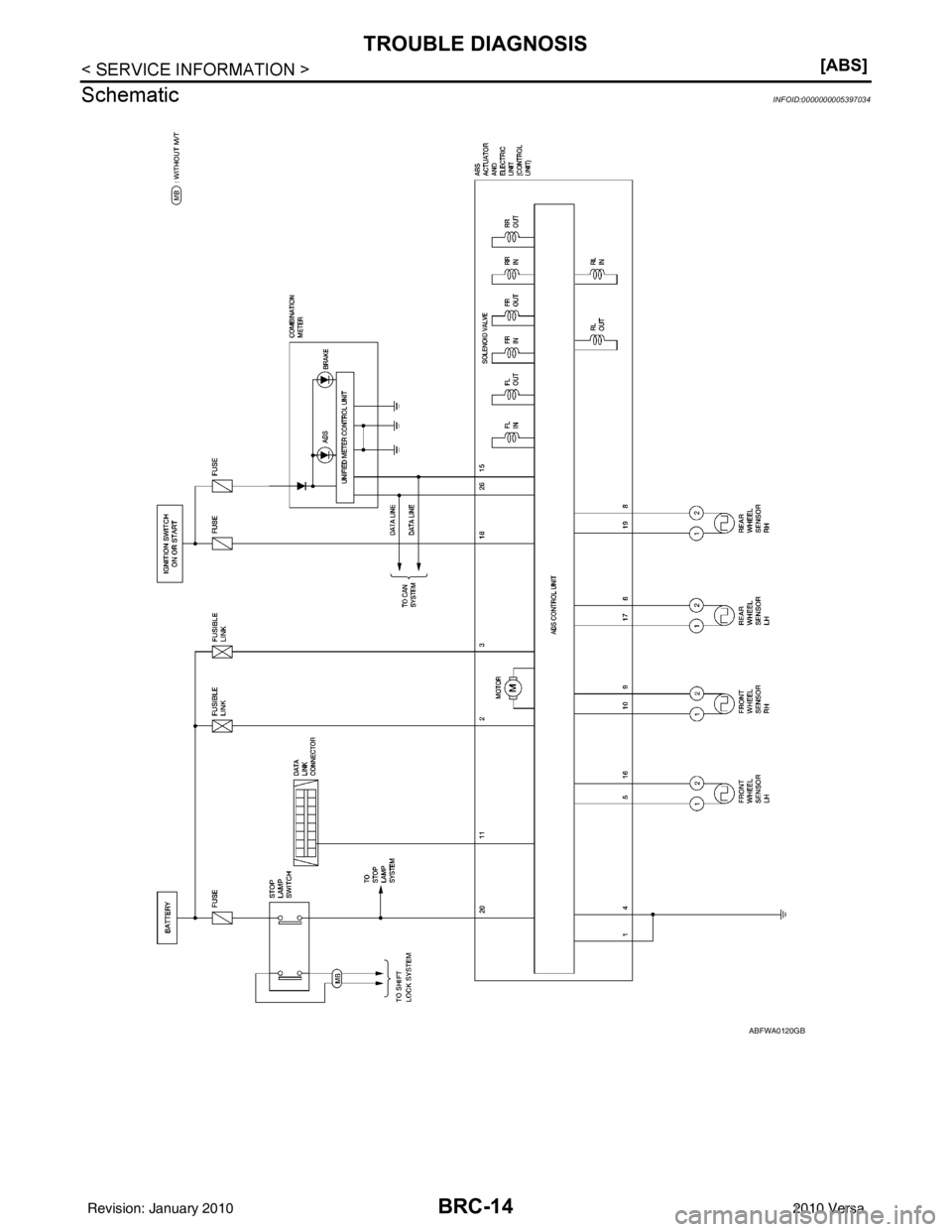 NISSAN TIIDA 2010  Service Repair Manual BRC-14
< SERVICE INFORMATION >[ABS]
TROUBLE DIAGNOSIS
Schematic
INFOID:0000000005397034
ABFWA0120GB
Revision: January 20102010 Versa 