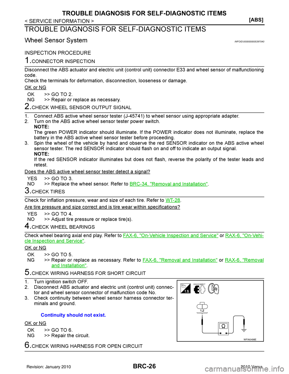 NISSAN TIIDA 2010  Service User Guide BRC-26
< SERVICE INFORMATION >[ABS]
TROUBLE DIAGNOSIS FOR 
SELF-DIAGNOSTIC ITEMS
TROUBLE DIAGNOSIS FOR SELF-DIAGNOSTIC ITEMS
Wheel Sensor SystemINFOID:0000000005397040
INSPECTION PROCEDURE
1.CONNECTOR