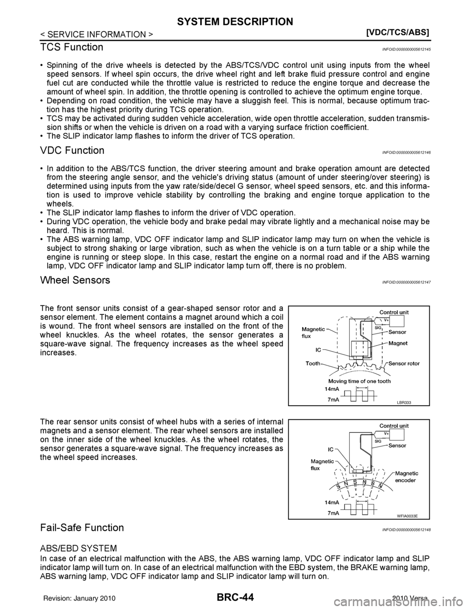 NISSAN TIIDA 2010  Service Repair Manual BRC-44
< SERVICE INFORMATION >[VDC/TCS/ABS]
SYSTEM DESCRIPTION
TCS Function
INFOID:0000000005612145
• Spinning of the drive wheels is detected by the A BS/TCS/VDC control unit using inputs from the 