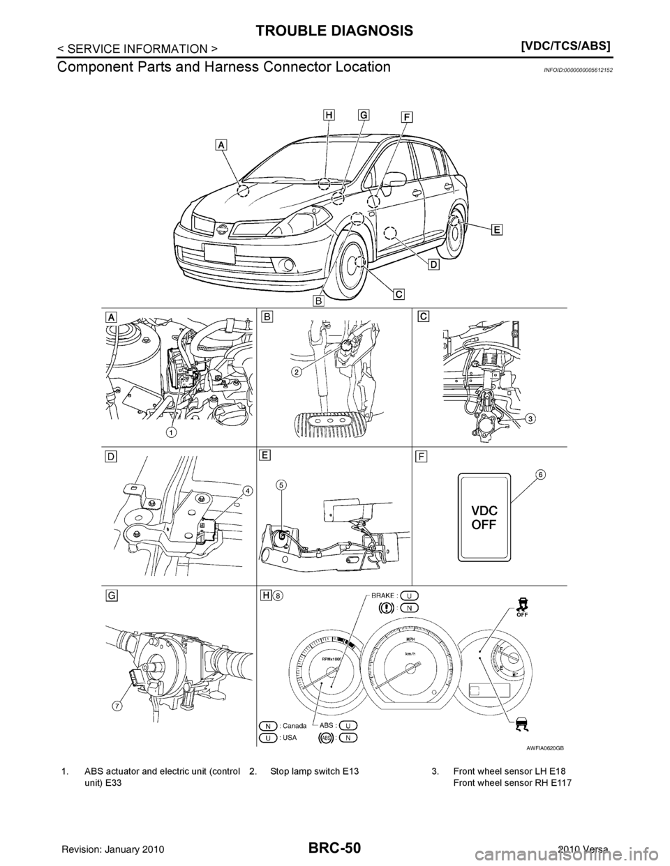 NISSAN TIIDA 2010  Service Repair Manual BRC-50
< SERVICE INFORMATION >[VDC/TCS/ABS]
TROUBLE DIAGNOSIS
Component Parts and Harn ess Connector Location
INFOID:0000000005612152
AWFIA0620GB
1. ABS actuator and electric unit (control 
unit) E33 