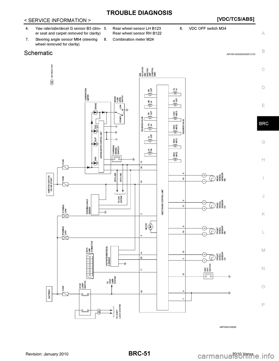 NISSAN TIIDA 2010  Service Repair Manual TROUBLE DIAGNOSISBRC-51
< SERVICE INFORMATION > [VDC/TCS/ABS]
C
D
E
G H
I
J
K L
M A
B
BRC
N
O P
SchematicINFOID:0000000005612153
4. Yaw rate/side/decel G sensor B3 (driv- er seat and carpet removed fo