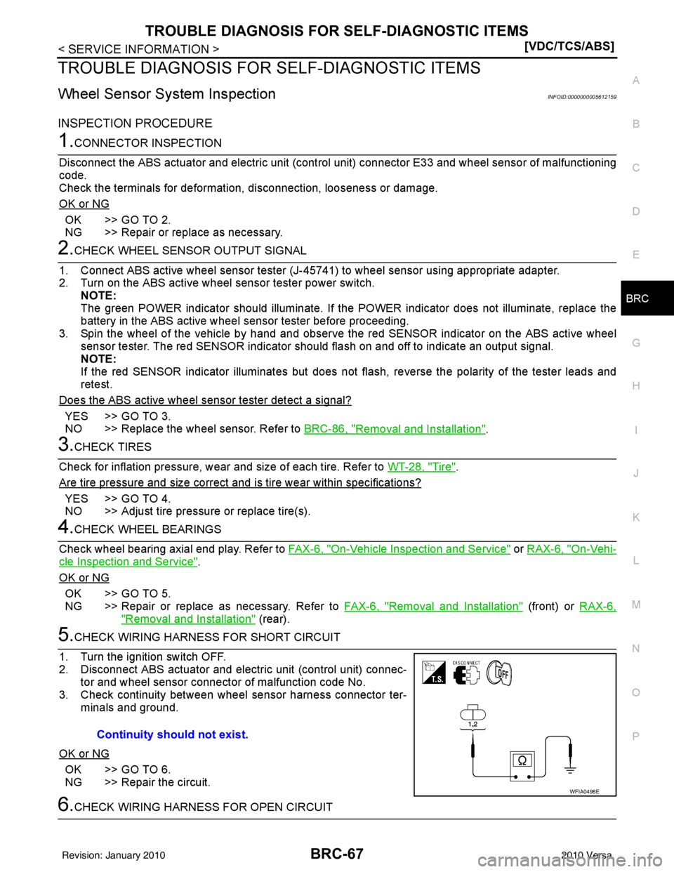 NISSAN TIIDA 2010  Service User Guide TROUBLE DIAGNOSIS FOR SELF-DIAGNOSTIC ITEMS
BRC-67
< SERVICE INFORMATION > [VDC/TCS/ABS]
C
D
E
G H
I
J
K L
M A
B
BRC
N
O P
TROUBLE DIAGNOSIS FOR  SELF-DIAGNOSTIC ITEMS
Wheel Sensor System InspectionIN