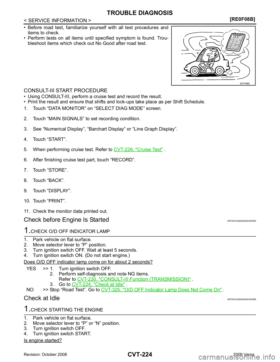 NISSAN TIIDA 2009  Service Repair Manual CVT-224< SERVICE INFORMATION >
[RE0F08B]
TROUBLE DIAGNOSIS
• Before  road  test,  familiarize  yourself  with  all  test  procedures  and items to check.
• Perform  tests  on  all  items  until  s