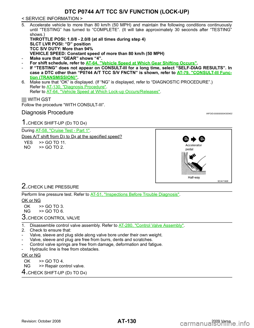NISSAN TIIDA 2009 Service Repair Manual AT-130< SERVICE INFORMATION >
DTC P0744 A/T TCC S/V FUNCTION (LOCK-UP)
5. Accelerate vehicle to more than 80 km/h (50 MPH) and maintain the following conditions continuously until “TE NISSAN TIIDA 2009 Service Repair Manual AT-130< SERVICE INFORMATION >
DTC P0744 A/T TCC S/V FUNCTION (LOCK-UP)
5. Accelerate vehicle to more than 80 km/h (50 MPH) and maintain the following conditions continuously until “TE