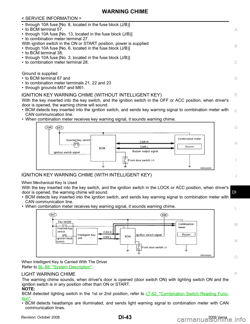 NISSAN TIIDA 2009  Service Repair Manual DI
N
O P
• through 10A fuse [No. 8, located in the fuse block (J/B)]
• to BCM terminal 57,
• through 10A fuse [No. 13, located in the fuse block (J/B)] 
• to combination meter terminal 27.
Wit