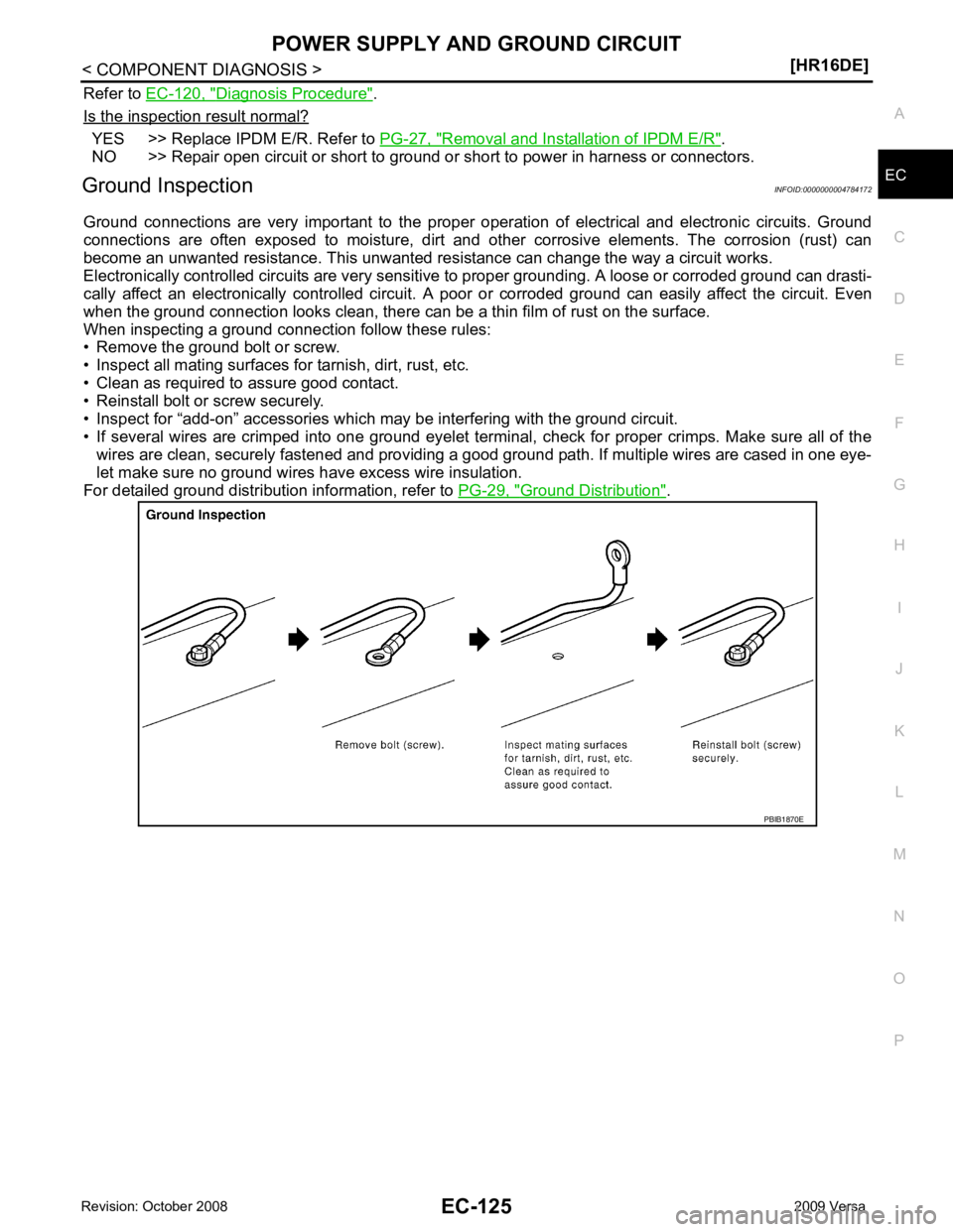 NISSAN TIIDA 2009  Service Repair Manual EC
NP
O
Refer to 
EC-120, " Diagnosis Procedure " .
Is the inspection result normal? YES >> Replace IPDM E/R. Refer to 
PG-27, " Removal and Installation of IPDM E/R " .
NO >> Repair open circuit or s
