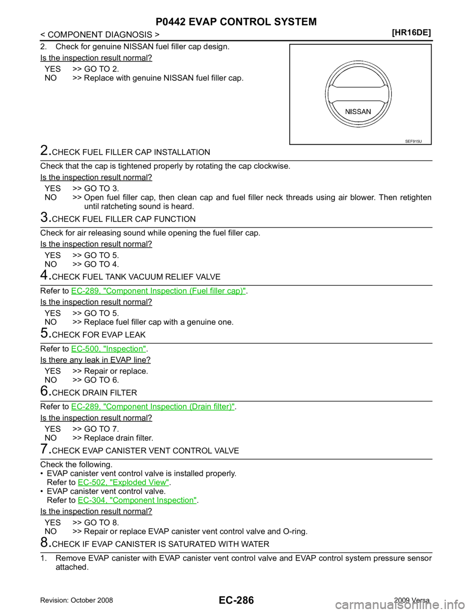 NISSAN TIIDA 2009 Service Repair Manual YES >> GO TO 2.
NO >> Replace with genuine NISSAN fuel filler cap. YES >> GO TO 3.
NO >> Open fuel filler cap, then clean cap and fuel filler neck threads using air blower. Then retigh NISSAN TIIDA 2009 Service Repair Manual YES >> GO TO 2.
NO >> Replace with genuine NISSAN fuel filler cap. YES >> GO TO 3.
NO >> Open fuel filler cap, then clean cap and fuel filler neck threads using air blower. Then retigh