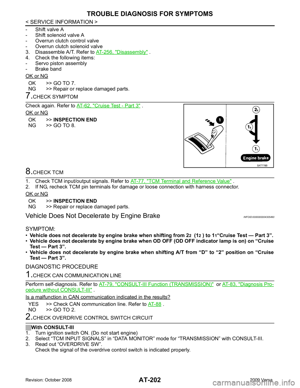 NISSAN TIIDA 2009 Service Repair Manual AT-202< SERVICE INFORMATION >
TROUBLE DIAGNOSIS FOR SYMPTOMS
- Shift valve A
- Shift solenoid valve A
- Overrun clutch control valve
- Overrun clutch solenoid valve
3. Disassemble A/T. Refer to AT-25 NISSAN TIIDA 2009 Service Repair Manual AT-202< SERVICE INFORMATION >
TROUBLE DIAGNOSIS FOR SYMPTOMS
- Shift valve A
- Shift solenoid valve A
- Overrun clutch control valve
- Overrun clutch solenoid valve
3. Disassemble A/T. Refer to AT-25