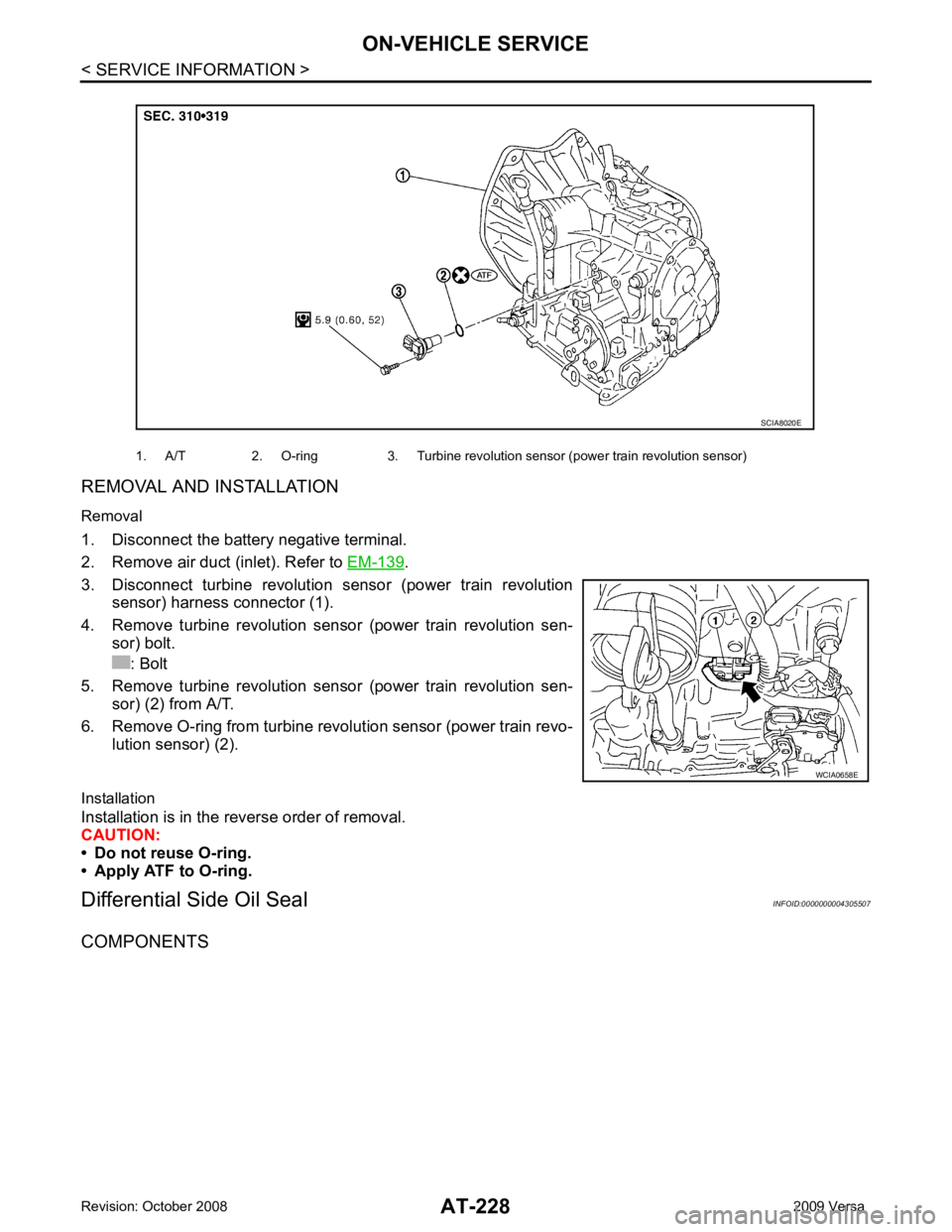 NISSAN TIIDA 2009  Service Repair Manual .
3. Disconnect  turbine  revolution  sensor  (power  train  revolution sensor) harness connector (1).
4. Remove  turbine  revolution  sensor  (power  train  revolution  sen- sor) bolt.
: Bolt
5. Remo
