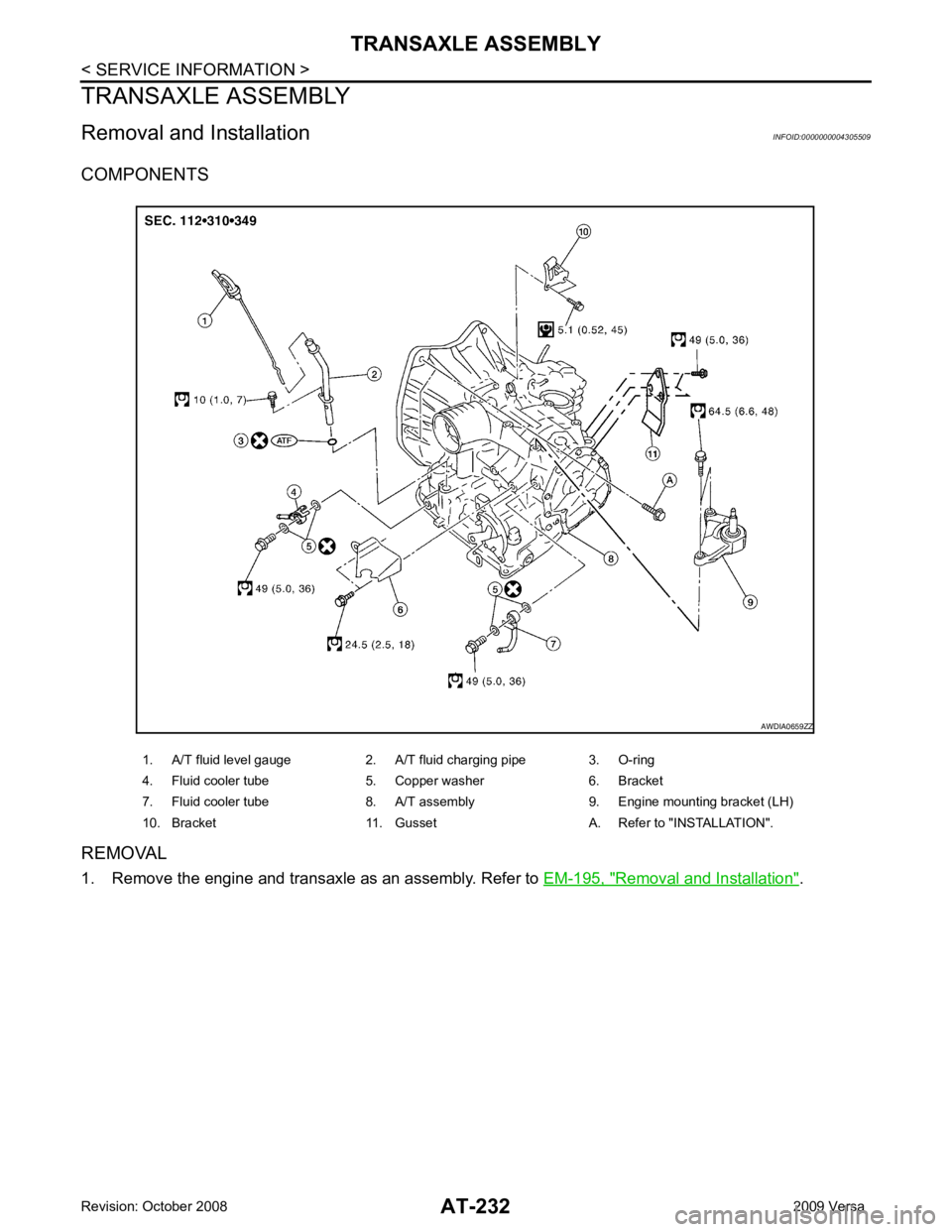 NISSAN TIIDA 2009  Service Repair Manual Removal and Installation " .
1. A/T fluid level gauge 2. A/T fluid charging pipe 3. O-ring
4. Fluid cooler tube 5. Copper washer 6. Bracket
7. Fluid cooler tube 8. A/T assembly 9. Engine mounting brac