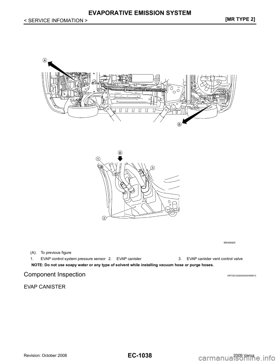 NISSAN TIIDA 2009  Service Repair Manual EC-1038< SERVICE INFOMATION >
[MR TYPE 2]
EVAPORATIVE EMISSION SYSTEM
Component Inspection INFOID:0000000004499915
EVAP CANISTER (A): To previous figure
1. EVAP control system pressure sensor 2. EVAP 