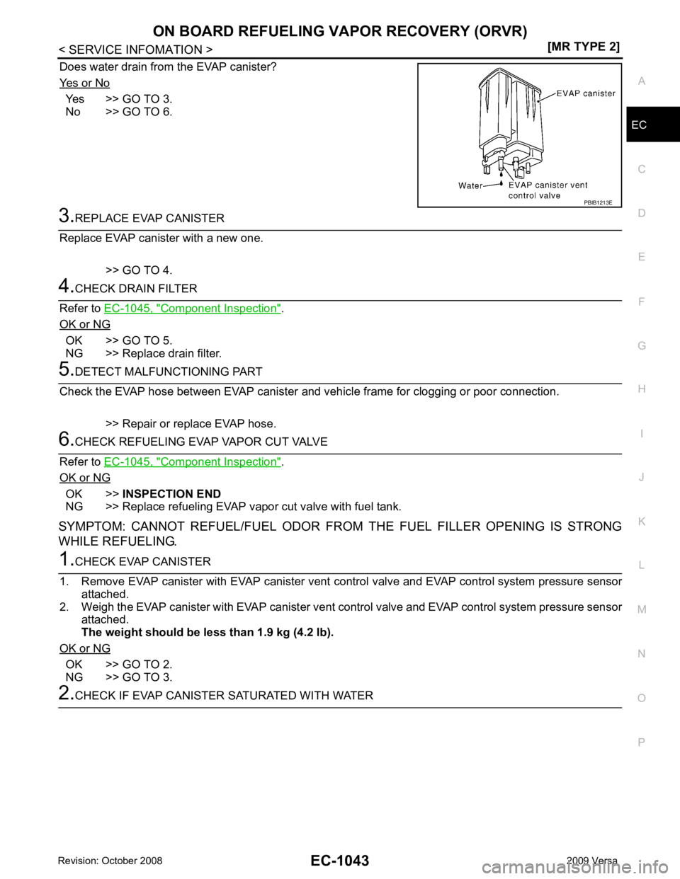 NISSAN TIIDA 2009  Service Repair Manual ON BOARD REFUELING VAPOR RECOVERY (ORVR)
EC-1043
< SERVICE INFOMATION >
[MR TYPE 2] C
D E
F
G H
I
J
K L
M A EC
NP
O
Does water drain from
 the EVAP canister?
Yes  or  No Yes >> GO TO 3.
No >> GO TO 6.
