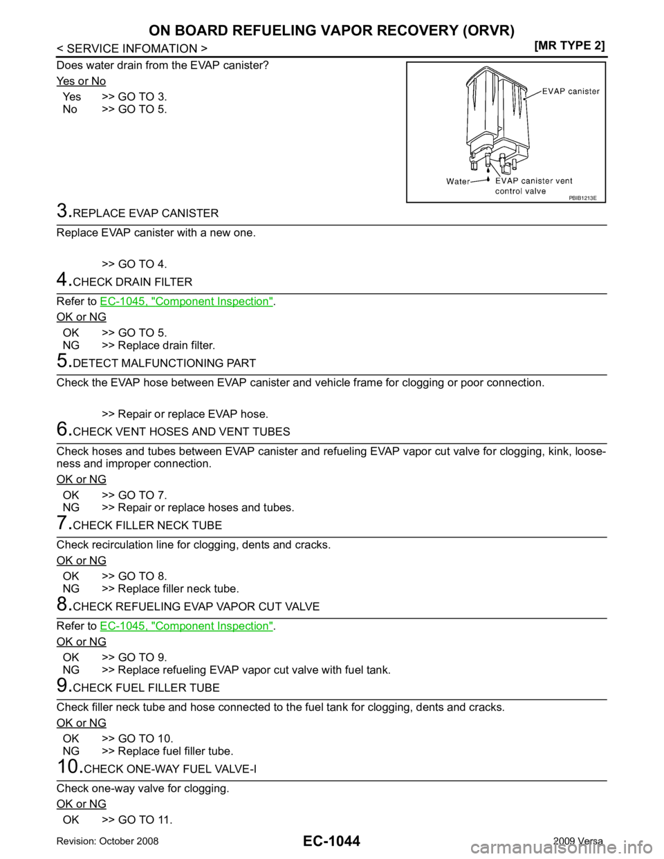 NISSAN TIIDA 2009  Service Repair Manual EC-1044< SERVICE INFOMATION >
[MR TYPE 2]
ON BOARD REFUELING VAPOR RECOVERY (ORVR)
Does water drain from the EVAP canister?
Yes  or  No Yes >> GO  TO  3.
No >> GO TO 5. 3.
REPLACE EVAP CANISTER
Replac