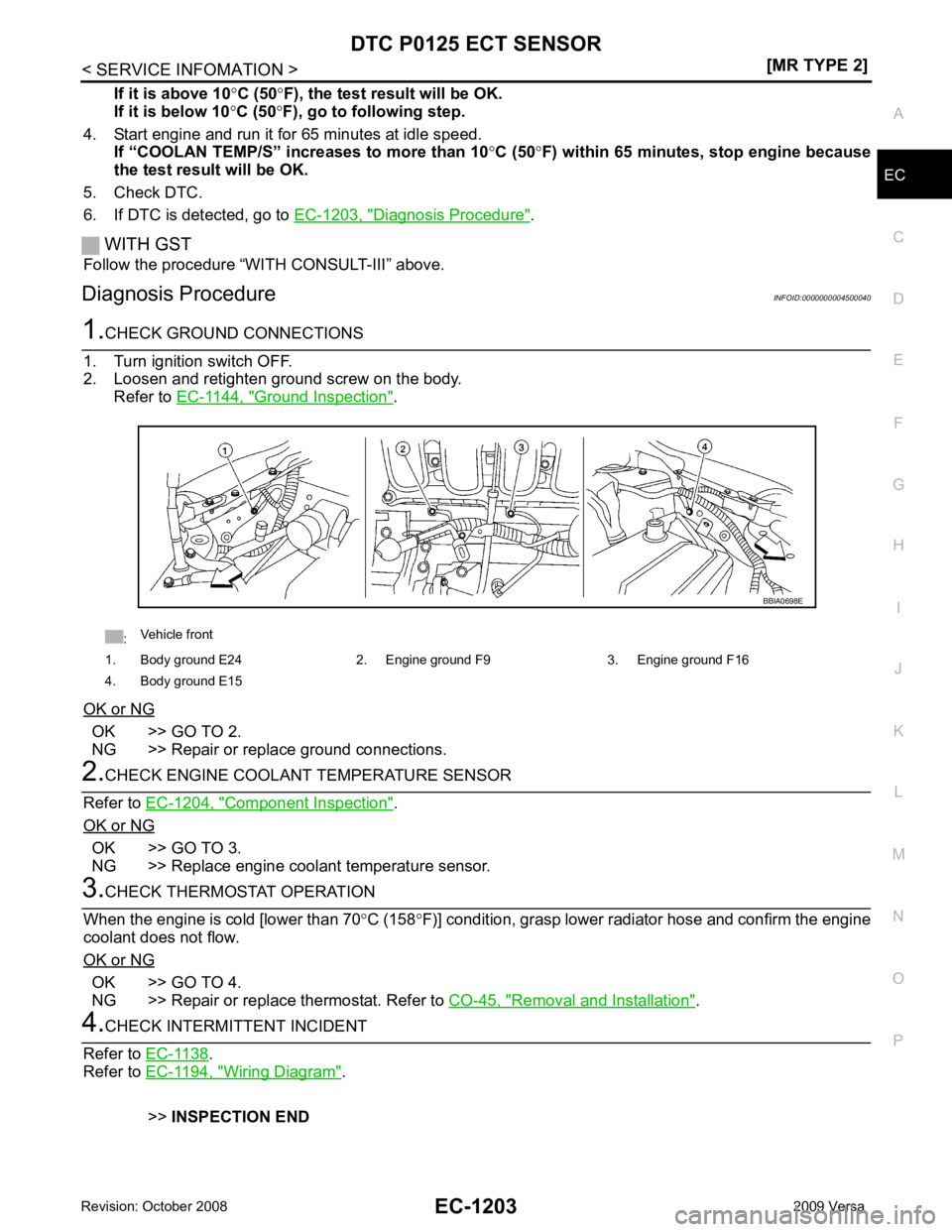 NISSAN TIIDA 2009  Service Repair Manual DTC P0125 ECT SENSOR
EC-1203
< SERVICE INFOMATION >
[MR TYPE 2] C
D E
F
G H
I
J
K L
M A EC
NP
O
If it is above 10
°C (50 °F), the test result will be OK.
If it is below 10 °C (50 °F), go to follow