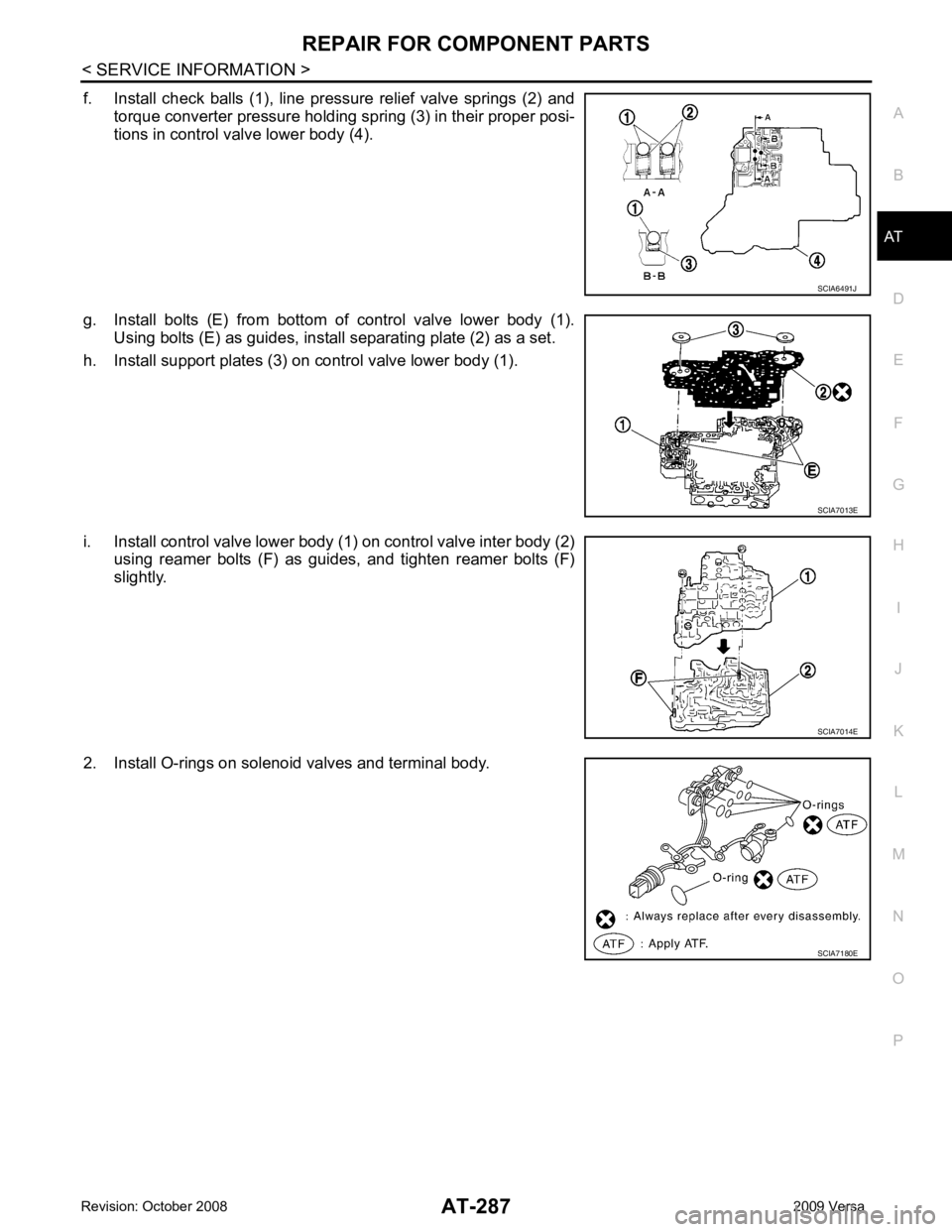 NISSAN TIIDA 2009  Service Repair Manual AT
N
O P
f. Install  check  balls  (1),  line  pressure  relief  valve  springs  (2)  and
torque converter pressure holding spring (3) in their proper posi-
tions in control valve lower body (4).
g. I