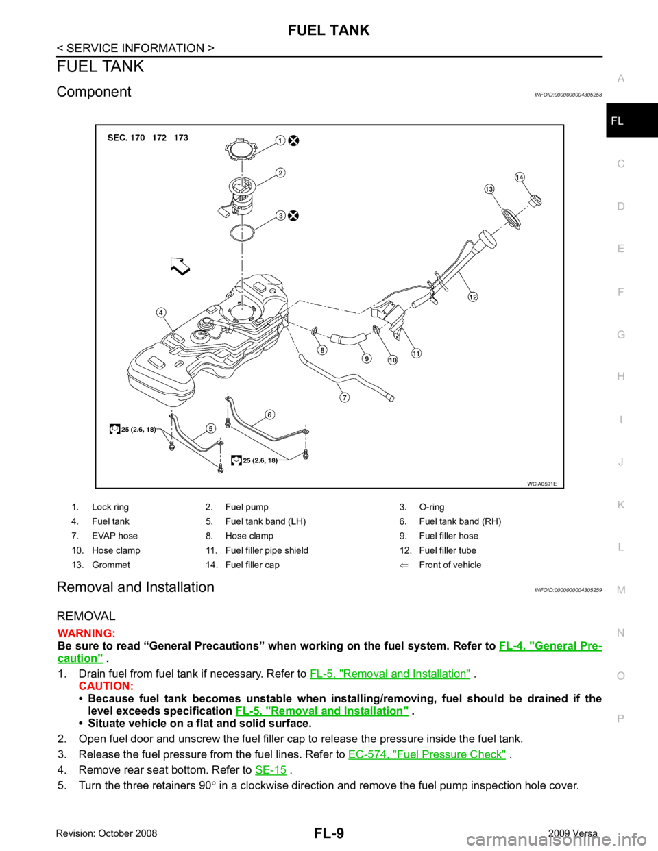 NISSAN TIIDA 2009  Service Repair Manual FL
NP
O
FUEL TANK
Component INFOID:0000000004305258
Removal and Installation INFOID:0000000004305259
REMOVAL WARNING:
Be sure to read “General Precautions” wh en working on the fuel system. Refer 