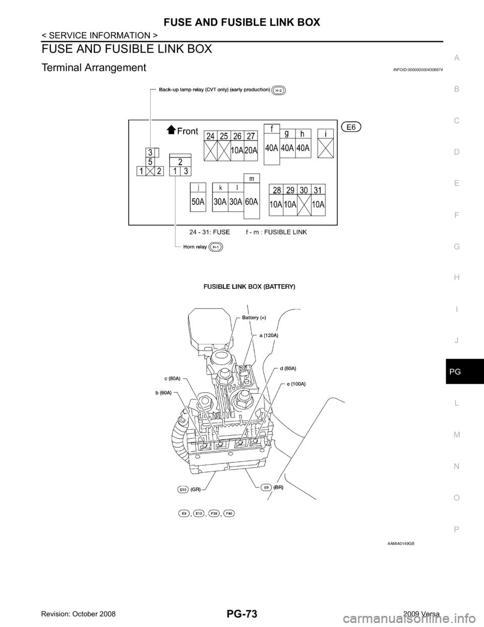 NISSAN TIIDA 2009 Service Repair Manual PG
N
O P
FUSE AND FUSIBLE LINK BOX
Terminal Arrangement INFOID:0000000004306674 NISSAN TIIDA 2009 Service Repair Manual PG
N
O P
FUSE AND FUSIBLE LINK BOX
Terminal Arrangement INFOID:0000000004306674