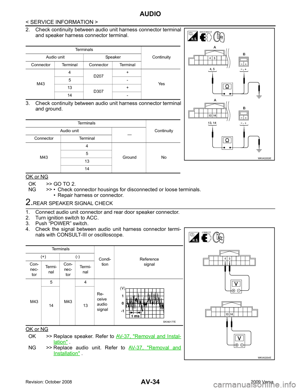 NISSAN TIIDA 2009  Service Repair Manual AV-34< SERVICE INFORMATION >
AUDIO
2. Check continuity between audio unit harness connector terminal and speaker harness connector terminal.
3. Check continuity between audio unit harness connector te