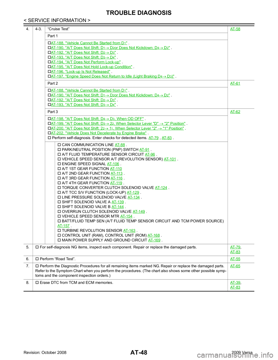 NISSAN TIIDA 2009  Service Repair Manual Part 1
�† AT-188,  " Vehicle Cannot Be Started from D  .
�† AT-190,  " A/T Does Not Shift: D  .
�† AT-192,  " A/T Does Not Shift: D  .
�† AT-193,  " A/T Does Not Shift: D  .
�† AT-194,  " A/