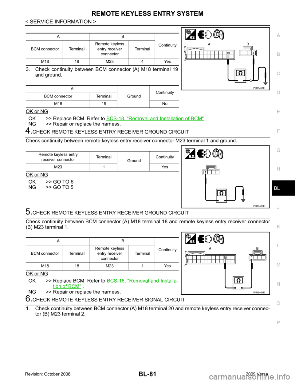 NISSAN TIIDA 2009 Service Repair Manual BL
N
O P
3. Check continuity between BCM connector (A) M18 terminal 19
and ground.
OK or NG OK >> Replace BCM. Refer to
BCS-18, " Removal and Installation of BCM " .
NG >> Repair or replace NISSAN TIIDA 2009 Service Repair Manual BL
N
O P
3. Check continuity between BCM connector (A) M18 terminal 19
and ground.
OK or NG OK >> Replace BCM. Refer to
BCS-18, " Removal and Installation of BCM " .
NG >> Repair or replace
