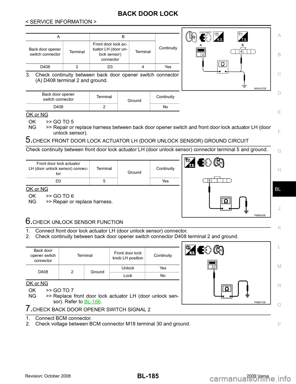 NISSAN TIIDA 2009  Service Repair Manual BL
N
O P
3. Check  continuity  between  back  door  opener  switch  connector
(A) D408 terminal 2 and ground.
OK or NG OK >> GO TO 5
NG >> Repair or replace harness between back door opener  switch an