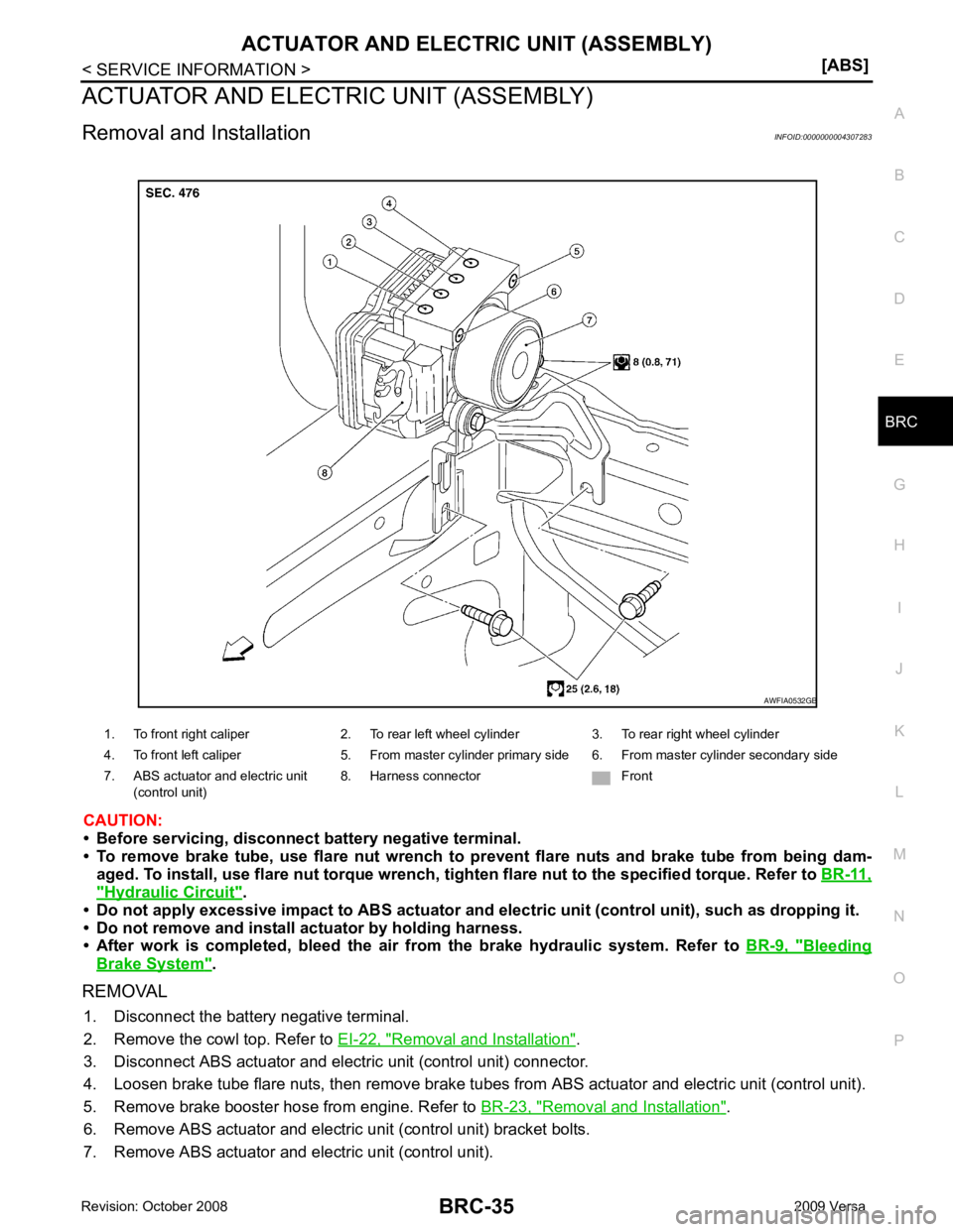 NISSAN TIIDA 2009  Service Repair Manual BRC
N
O P
ACTUATOR AND ELECTRIC UNIT (ASSEMBLY)
Removal and Installation INFOID:0000000004307283
CAUTION:
• Before servicing, disconnect battery negative terminal.
• To  remove  brake  tube,  use 