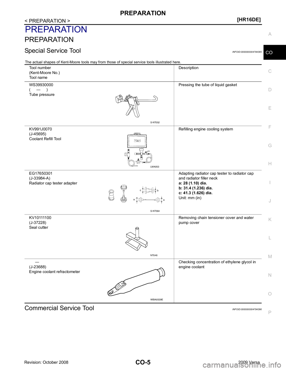 NISSAN TIIDA 2009  Service Repair Manual CO
NP
O
PREPARATION
PREPARATION
Special Service Tool INFOID:0000000004784395
The actual shapes of Kent-Moore tools may from  those of special service tools illustrated here.
Commercial Service Tool IN