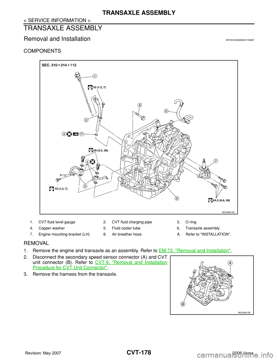 NISSAN TIIDA 2008  Service Repair Manual CVT-178
< SERVICE INFORMATION >
TRANSAXLE ASSEMBLY
TRANSAXLE ASSEMBLY
Removal and InstallationINFOID:0000000001703687
COMPONENTS
REMOVAL
1. Remove the engine and transaxle as an assembly. Refer to EM-