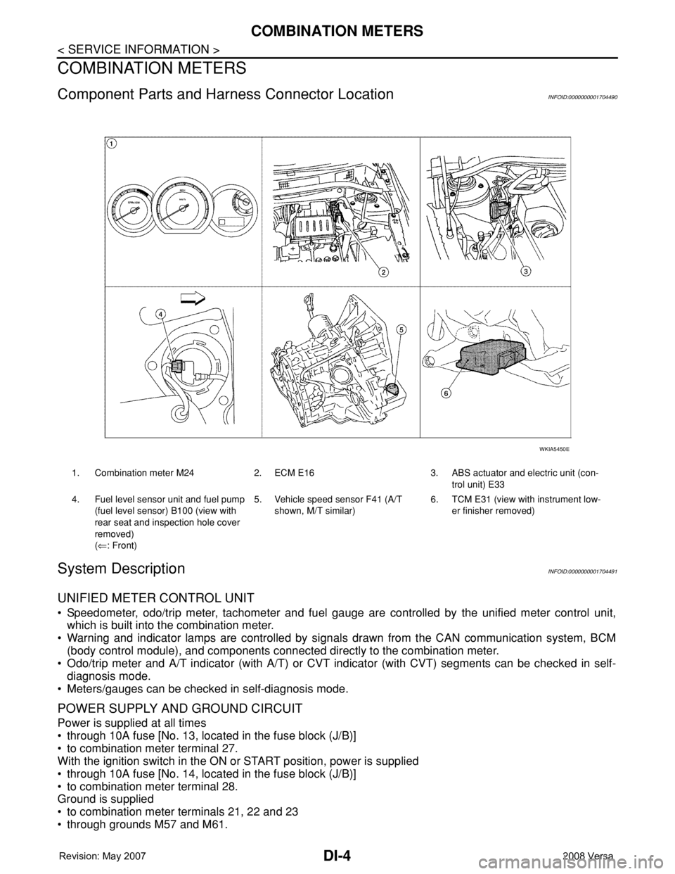 NISSAN TIIDA 2008  Service Repair Manual DI-4
< SERVICE INFORMATION >
COMBINATION METERS
COMBINATION METERS
Component Parts and Harness Connector LocationINFOID:0000000001704490
System DescriptionINFOID:0000000001704491
UNIFIED METER CONTROL
